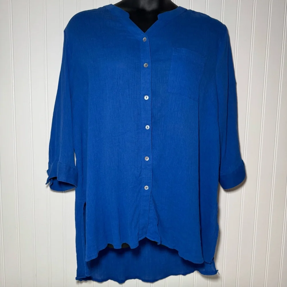 Catherine’s Blouse Women’s 2X Blue Gauzy Tunic Slits Roll Tab 3/4 Sleeves Casual - Picture 1 of 14